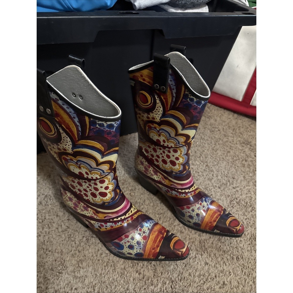 Nomad Women's Rubber Rain Boots Size 9 Yippee Western Cowboy BOHO Chic Artsy